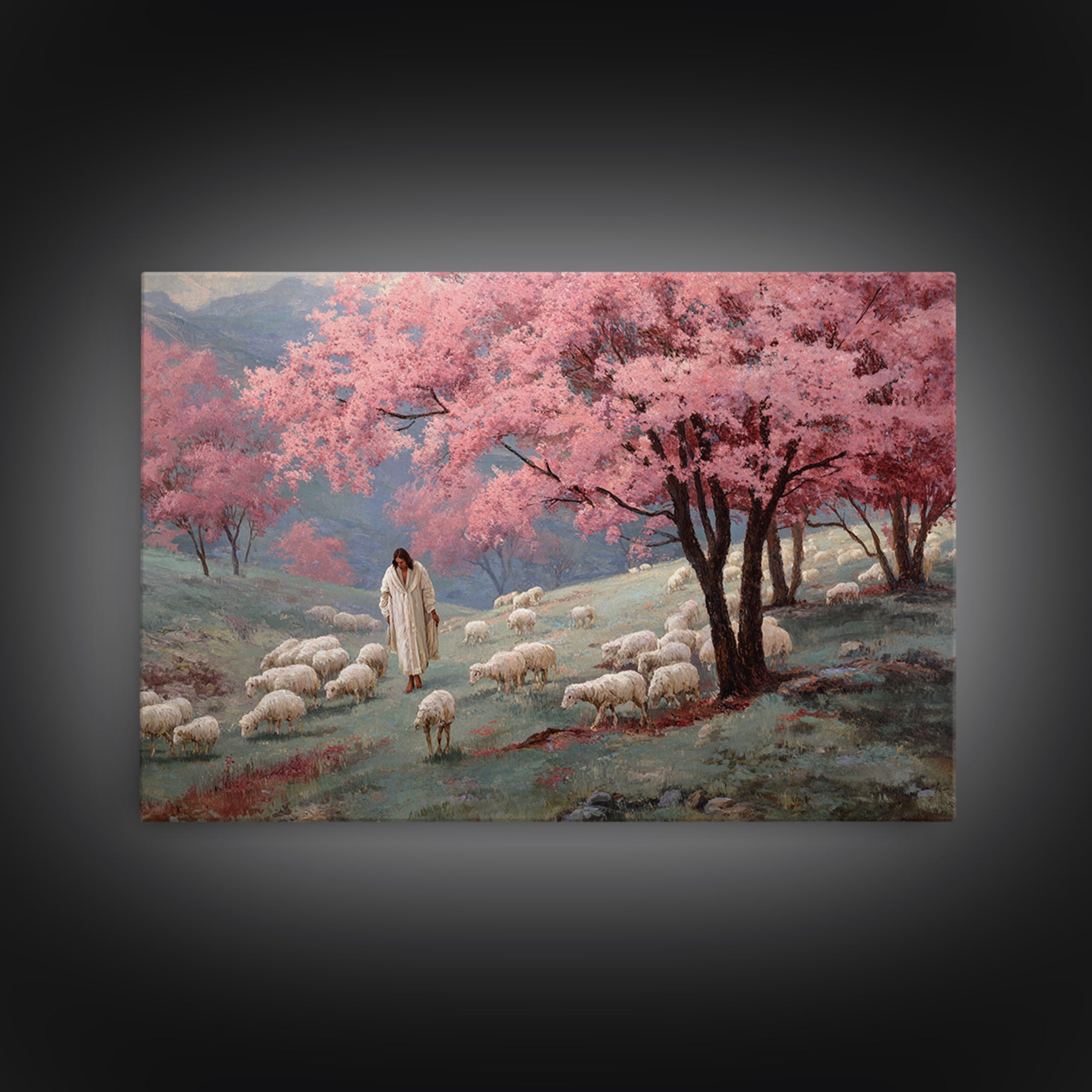 Spring Shepherd Path - Framed Canvas Print - Jesus Painting - Christian Wall Art - Christian Art Canvas - Vintage Christian Art