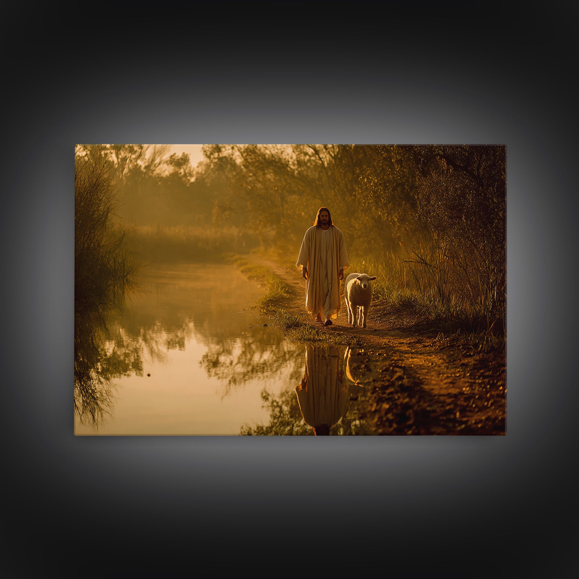 Golden River Peace, Framed Canvas Print, Jesus Painting, Christian Wall Art, Christian Art Canvas, Modern Christian Art