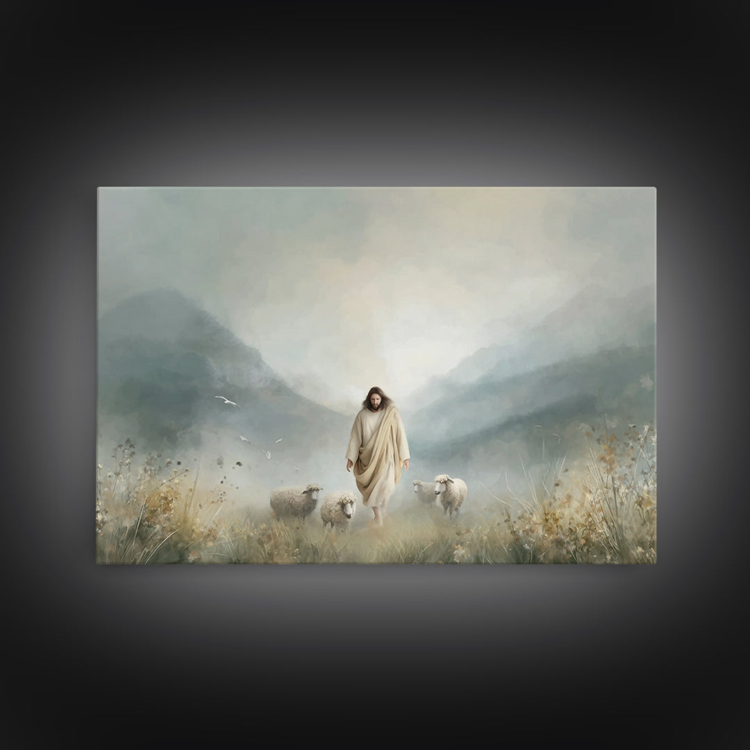 Evening Flock, Framed Canvas Print, Christian Wall Art, Jesus Painting Canvas, Moody Christian Art, Christian Decor, Large Christian Painti