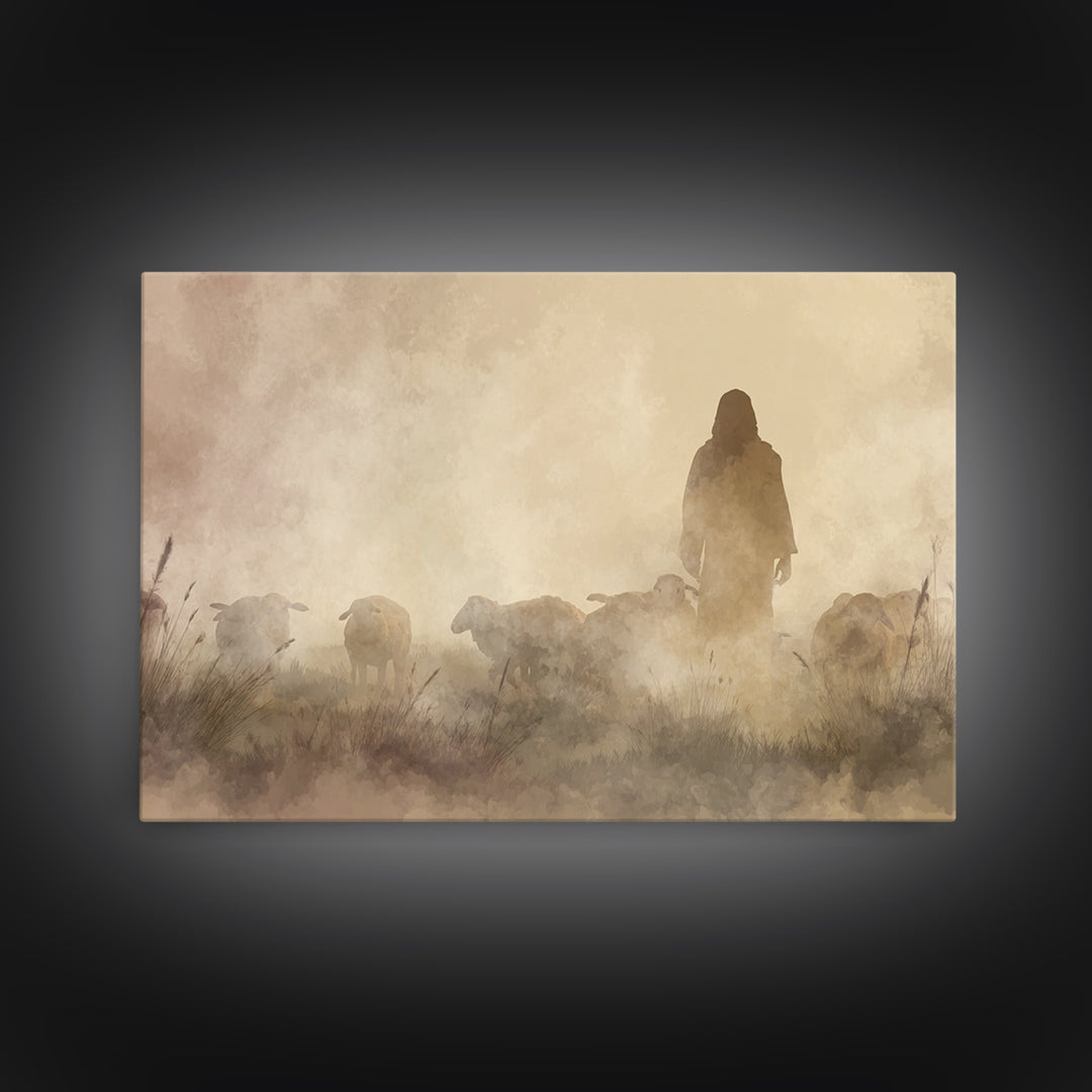 Misty Shepherd – Framed Canvas Print – Christian Wall Art – Jesus Painting – Christian Art Canvas – Moody Christian Art – Christian Gift Id