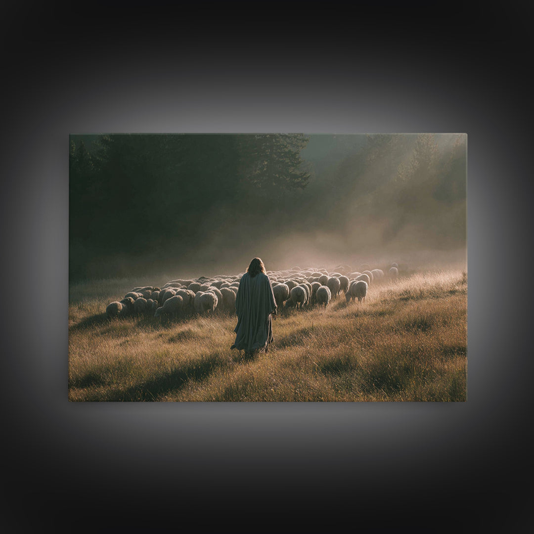 Dawn Flock | Framed Canvas Print | Christian Art Canvas | Jesus Painting | Large Christian Art | Christian Wall Art | Modern Christian Pain