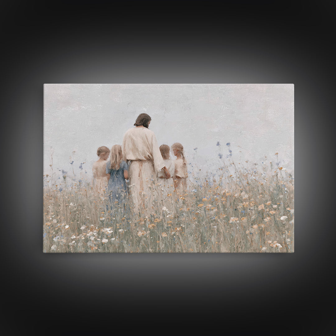 Gentle Meadow Light, Framed Canvas Print, Jesus Painting, Christian Art Canvas, Christian Wall Art, Minimalist Christian Art, Christian Gif