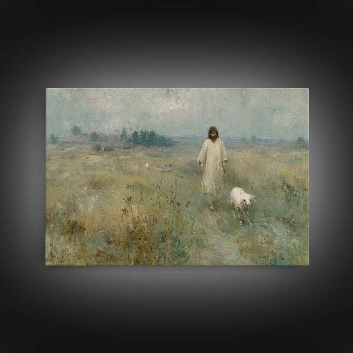 Gentle Shepherd Light, Framed Canvas Print, Christian Art Canvas, Jesus Painting, Vintage Christian Art, Christian Wall Art, Christian Gift