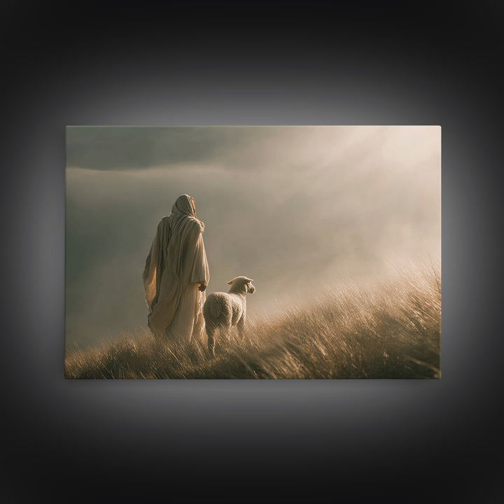 Shepherd’s Dawn, Framed Canvas Print, Christian Wall Art, Jesus Painting, Christian Art Canvas, Minimalist Christian Art, Christian Gift