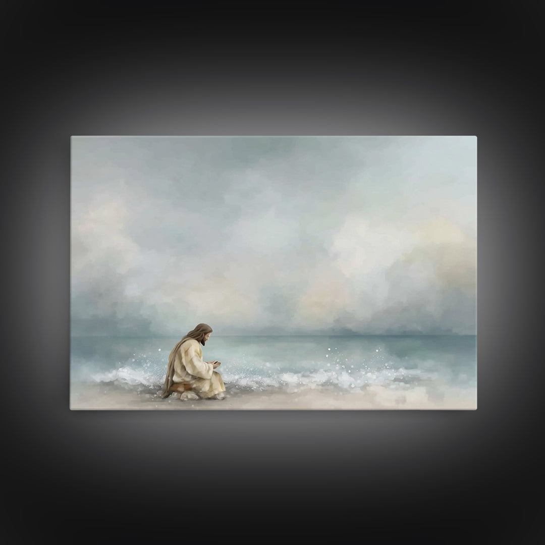 Quiet Sea Devotion, Framed Canvas Print, Christian Wall Art, Jesus Painting, Christian Art Canvas, Large Christian Art, Modern Christian Ar