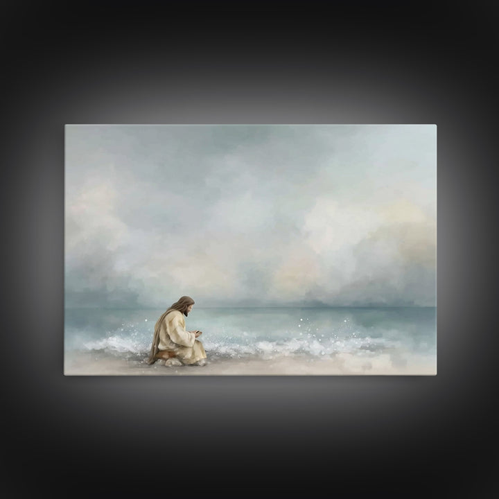 Quiet Sea Devotion, Framed Canvas Print, Christian Wall Art, Jesus Painting, Christian Art Canvas, Large Christian Art, Modern Christian Ar