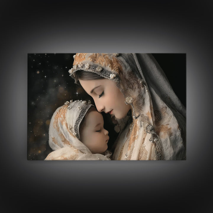 Starry Motherhood | Framed Canvas Print | Christian Wall Art | Mary And Jesus Painting | Christian Art Canvas | Christian Art
