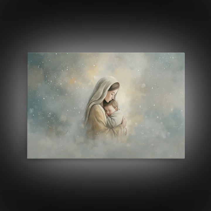 Heavenly Embrace | Framed Canvas Print | Christian Art Canvas | Christian Wall Art | Christian Art | Mary And Jesus Painting