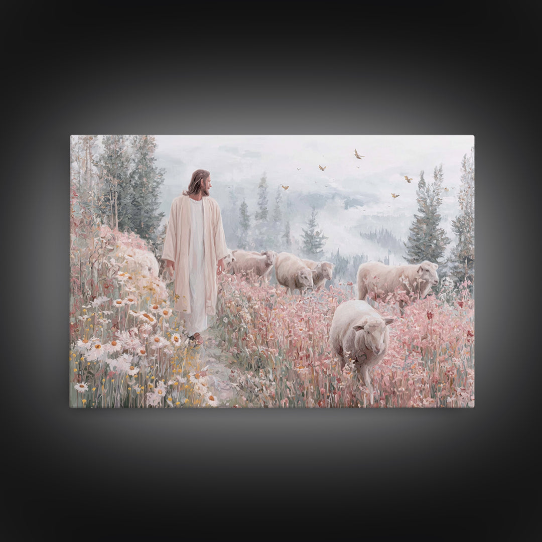 Meadow Shepherd – Framed Canvas Print – Christian Wall Art – Jesus Painting – Christian Art Canvas – Christian Gift – Modern Christian Art