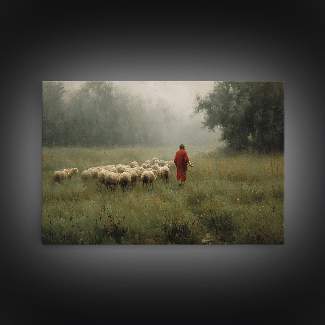 Crimson Pasture Guide, Framed Canvas Print, Christian Art Canvas, Christian Wall Art, Jesus Painting, Christian Gift Ideas, Subtle Christia