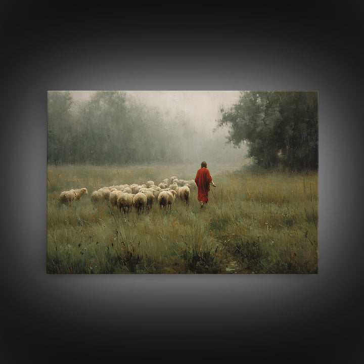 Crimson Pasture Guide, Framed Canvas Print, Christian Art Canvas, Christian Wall Art, Jesus Painting, Christian Gift Ideas, Subtle Christia