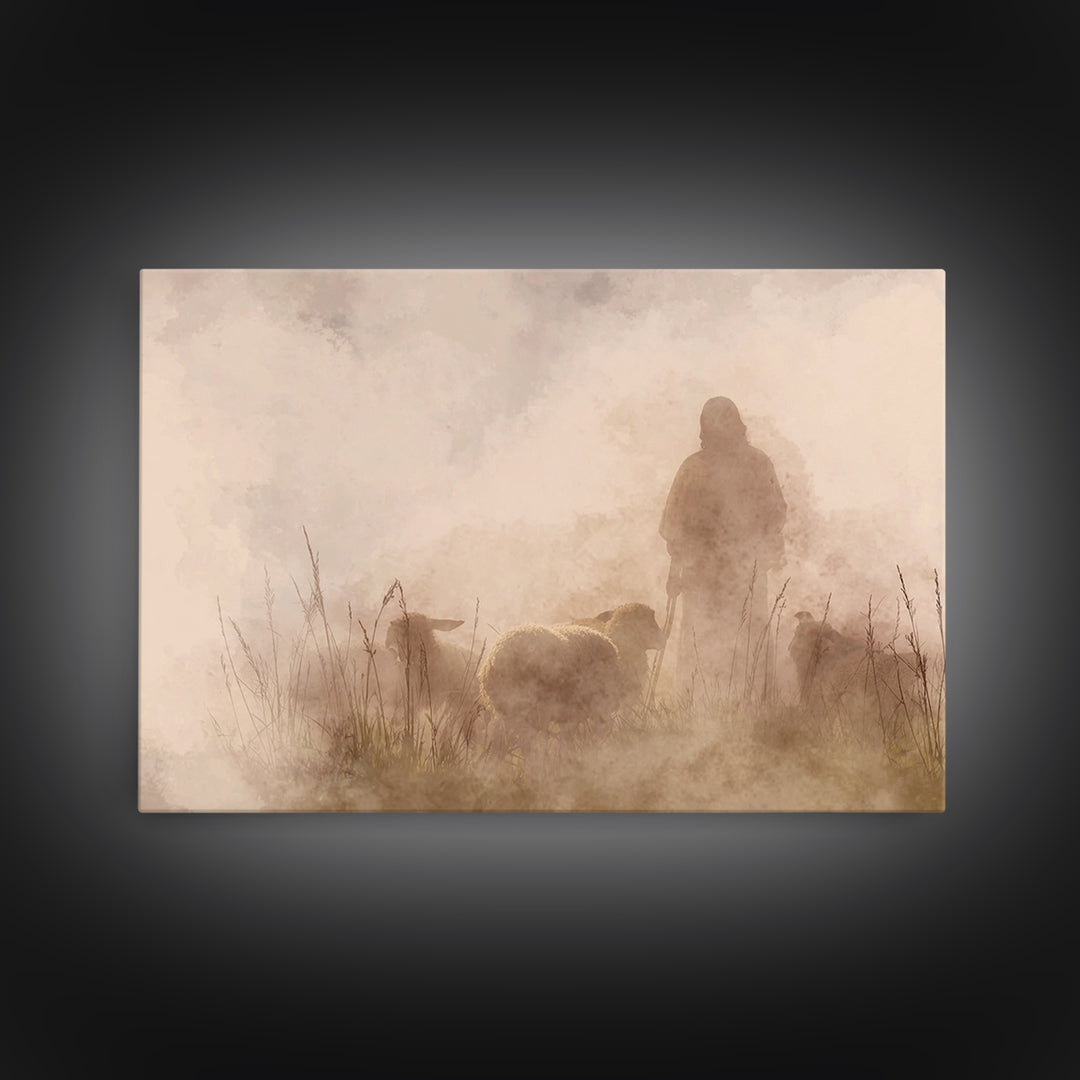 Shepherd In The Mist – Framed Canvas Print – Christian Art Canvas – Christian Wall Art – Jesus Painting – Moody Christian Art – Christian G
