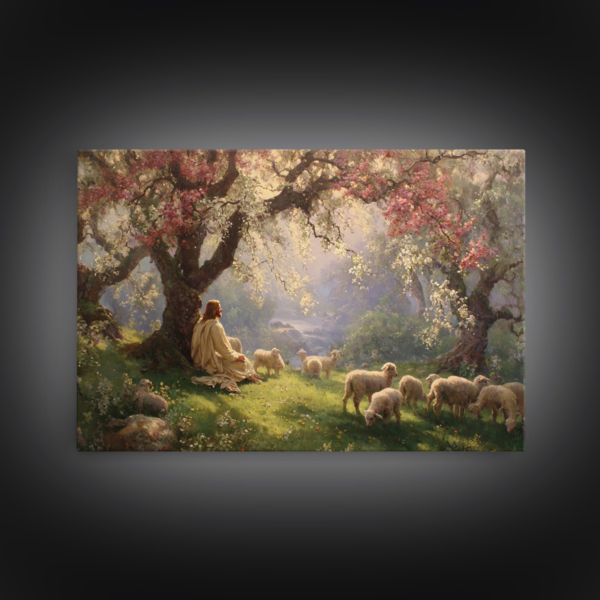 Pastoral Dawn Peace – Framed Canvas Print – Jesus Painting – Christian Wall Art – Christian Art Canvas – Christian Christmas Art – Christia