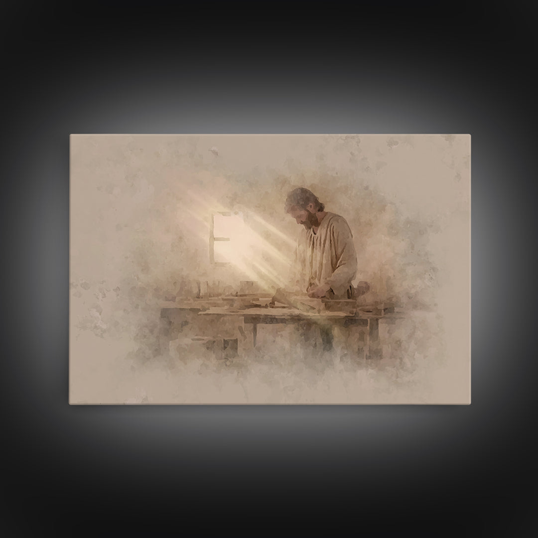 Carpenter’s Light – Framed Canvas Print – Christian Wall Art – Jesus Painting – Christian Art Canvas – Minimalist Christian Art – Christian