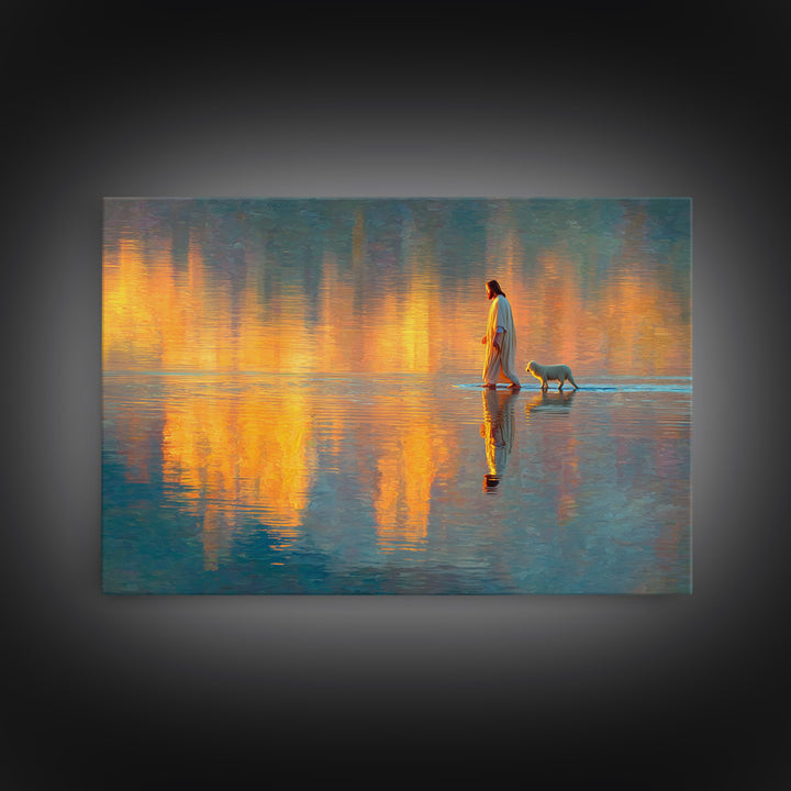 Golden Dawn Reflections | Framed Canvas Print | Christian Wall Art | Jesus Painting | Christian Art Canvas | Modern Christian Art | Christi