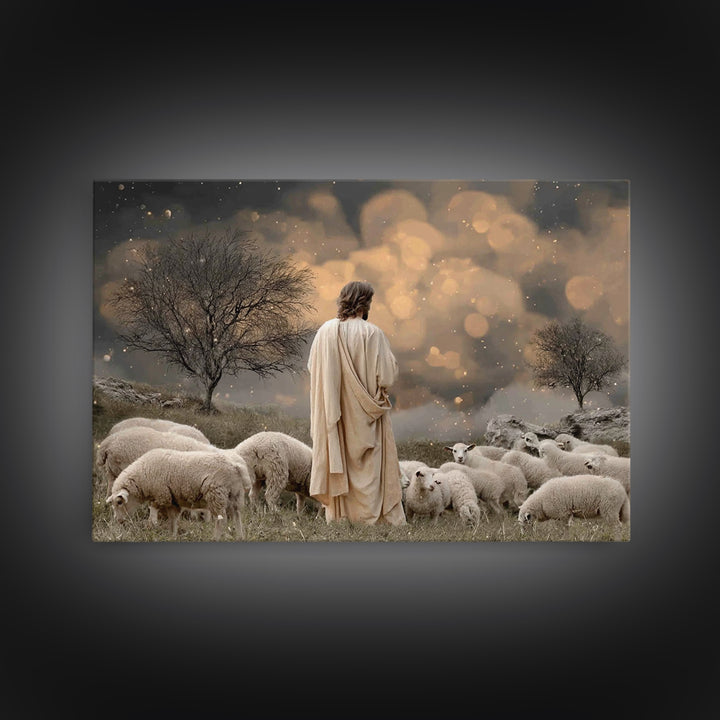 Twilight Pasture Watch | Framed Canvas Print | Christian Art Canvas | Jesus Painting | Christian Wall Art | Moody Christmas Art | Christian
