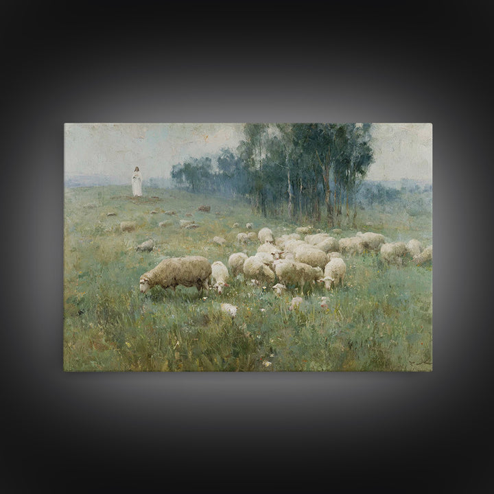 Hillside Shepherd Calm | Framed Canvas Print | Christian Art Print | Christian Wall Art | Jesus Painting | Vintage Christian Art | Christia