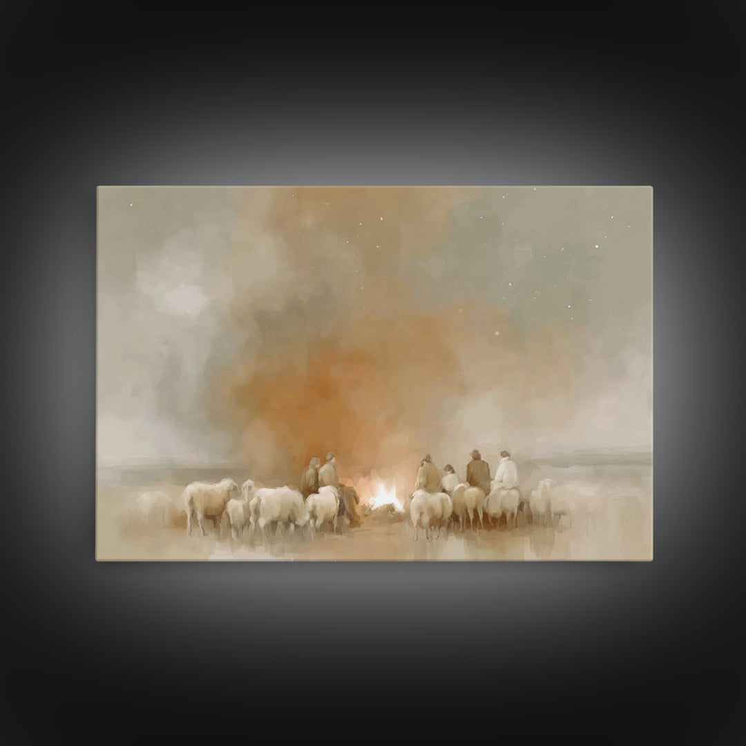 Fireside Shepherd Night | Framed Canvas Print | Christian Wall Art | Christian Art Canvas | Christmas Art | Christian Christmas Decor | Chr