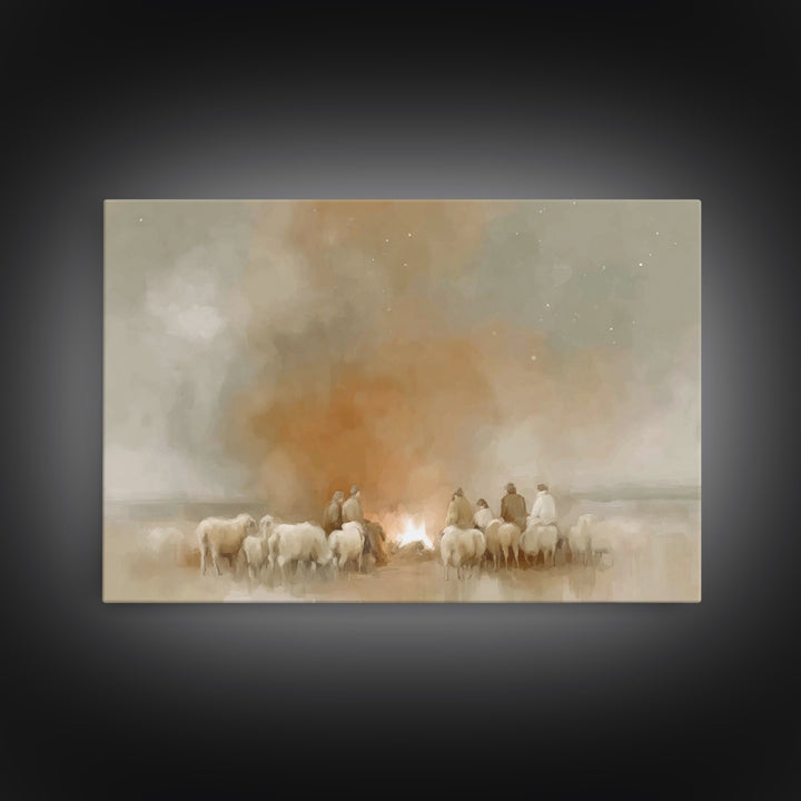 Fireside Shepherd Night | Framed Canvas Print | Christian Wall Art | Christian Art Canvas | Christmas Art | Christian Christmas Decor | Chr