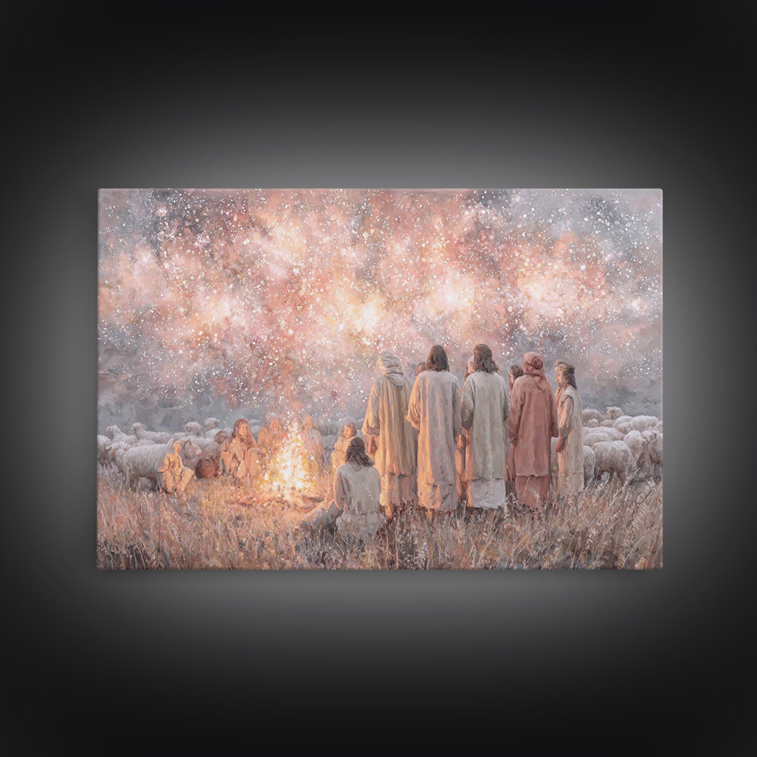 Celestial Gathering Light, Framed Canvas Print, Christian Wall Art, Christian Art Canvas, Christian Christmas Art, Jesus Painting, Modern C