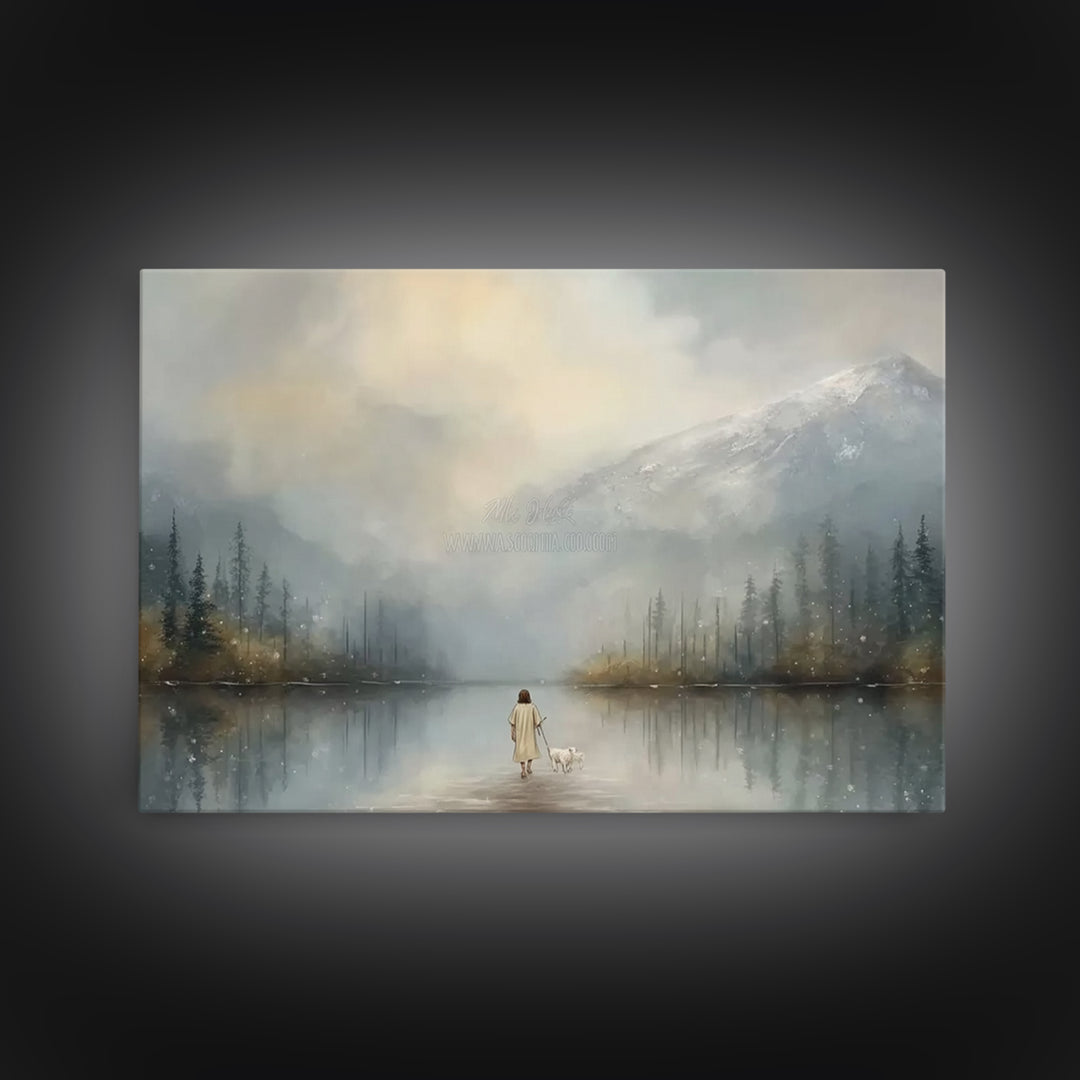 Misty Shepherd Path, Framed Canvas Print, Christian Art Print, Jesus Painting Canvas, Christian Gift Ideas, Modern Christian Art, Christmas