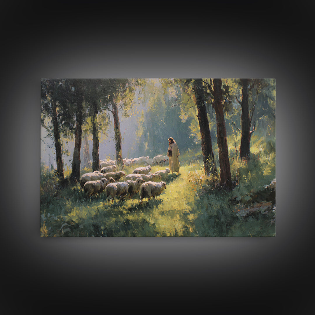Morning Pastures Light, Framed Canvas Print, Jesus Painting, Christian Art Canvas, Christian Wall Art, Modern Christian Painting, Christian