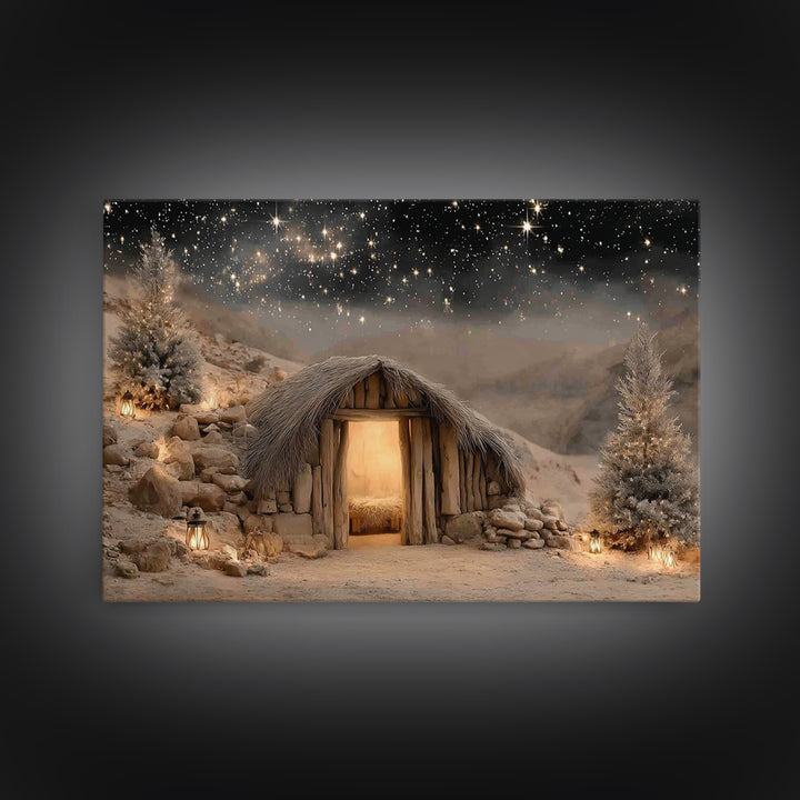Starry Stable Wonder – Framed Canvas Print – Christian Christmas Art – Christmas Canvas Wall Art – Christian Decor – Christian Art Canvas –