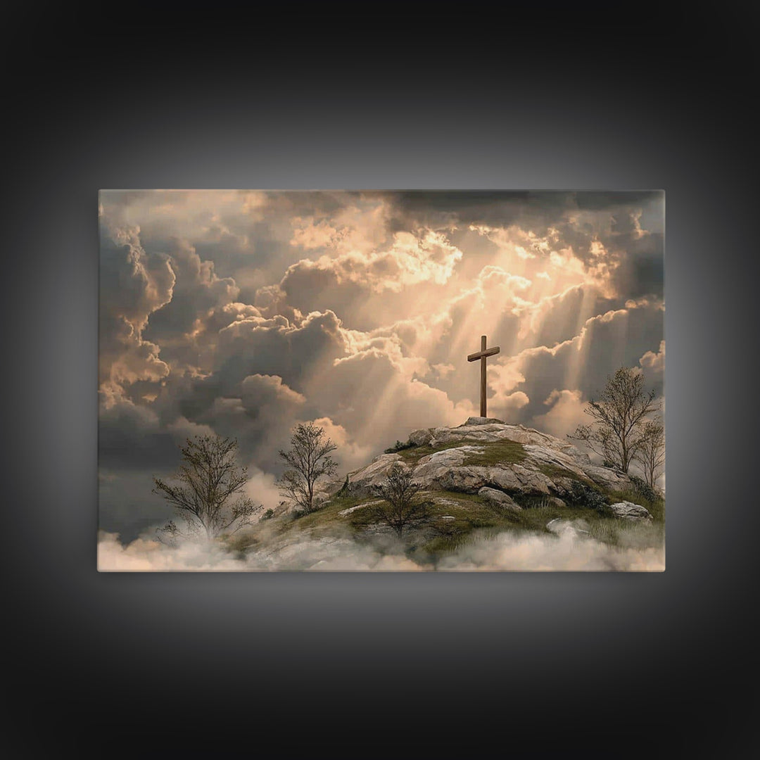 Hilltop Grace Light – Framed Canvas Print – Christian Wall Art – Large Christian Art – Christian Art Painting – Moody Christian Art