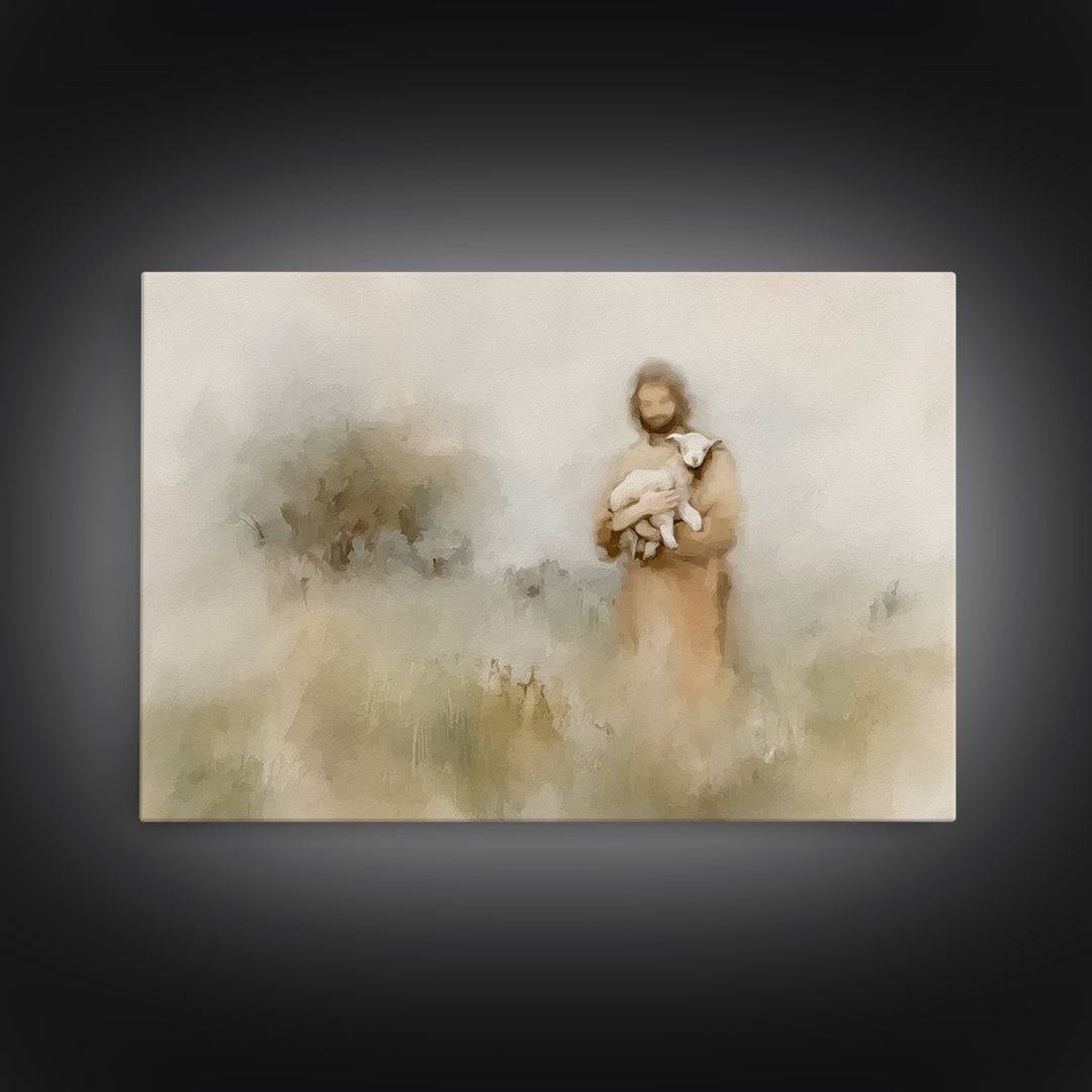 Soft Meadow Shepherd – Framed Canvas Print – Minimalist Christian Art – Christian Wall Art – Christian Art Canvas – Subtle Christian Painti