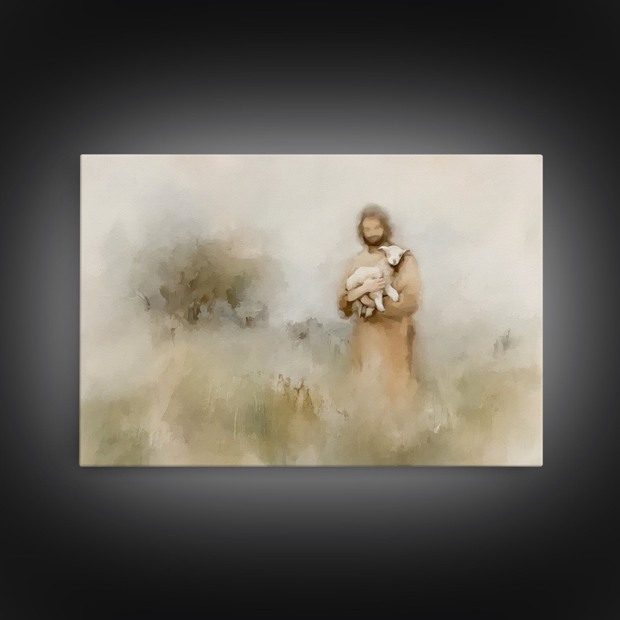 Soft Meadow Shepherd – Framed Canvas Print – Minimalist Christian Art – Christian Wall Art – Christian Art Canvas – Subtle Christian Painti
