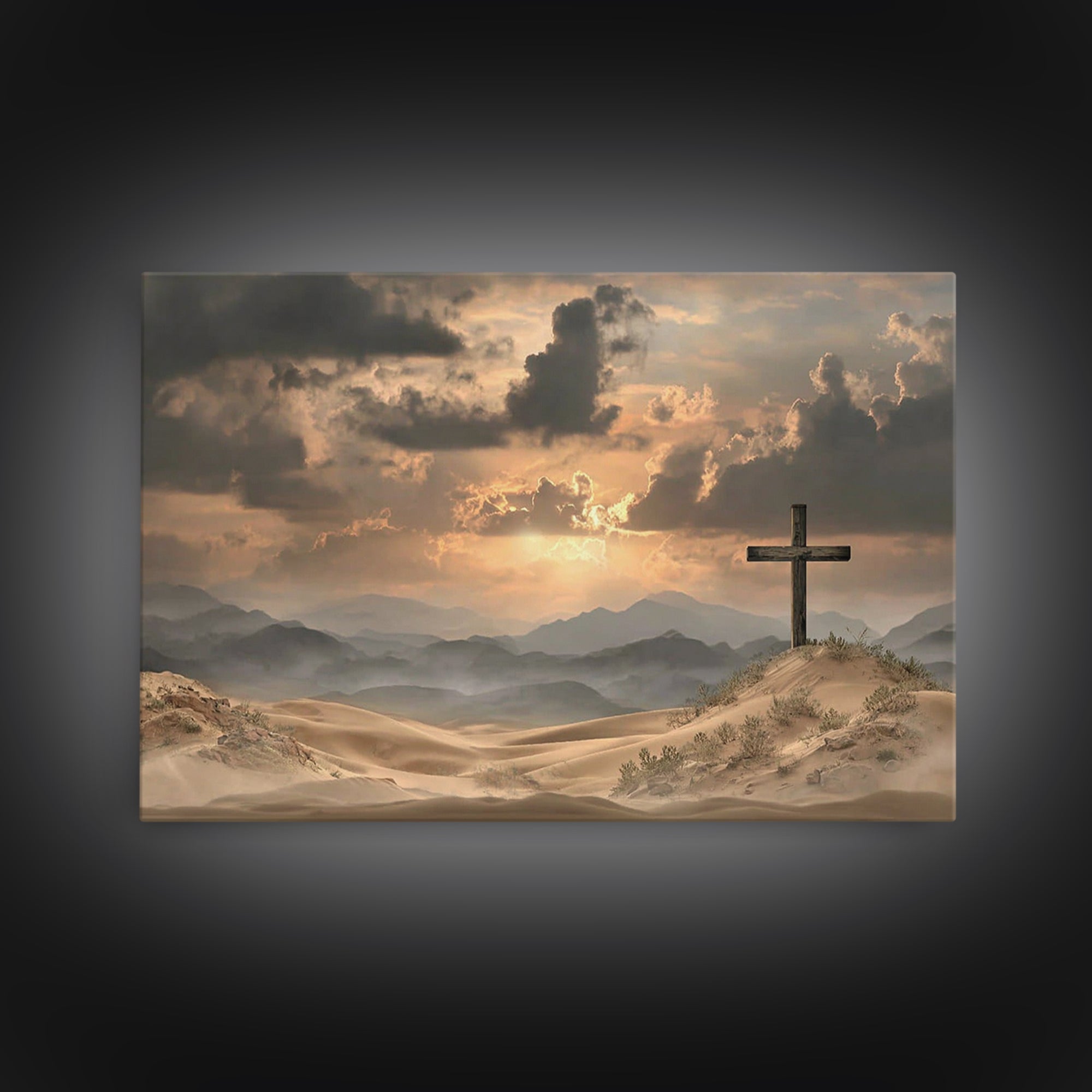 Desert Cross Stillness, Framed Canvas Print, Christian Wall Art, Christian Art Painting, Moody Christian Art, Christian Art Canvas, Jesus P