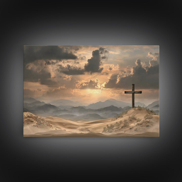 Desert Cross Stillness, Framed Canvas Print, Christian Wall Art, Christian Art Painting, Moody Christian Art, Christian Art Canvas, Jesus P