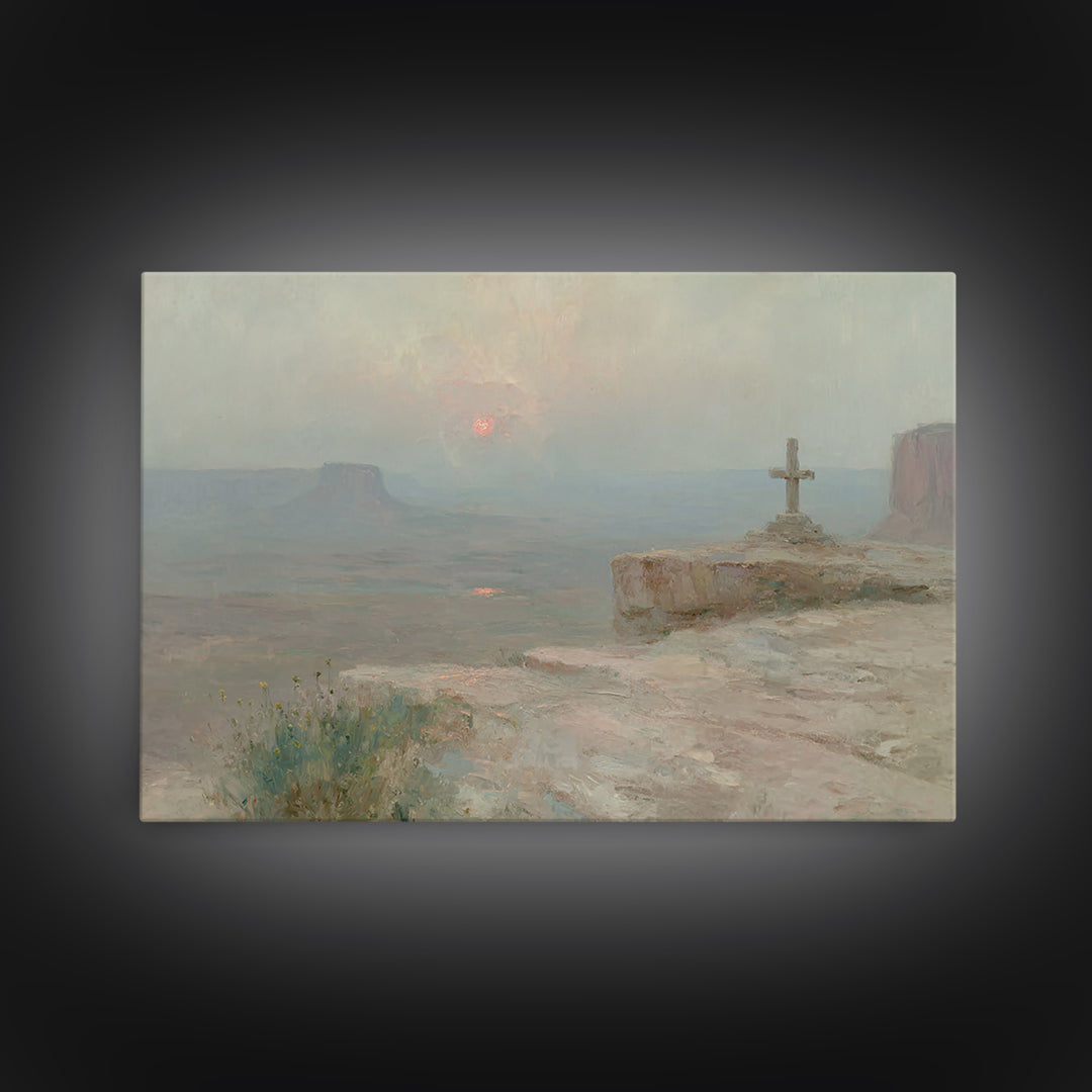 Cliffside Cross Peace, Framed Canvas Print, Christian Painting, Christian Wall Art, Christian Art Canvas, Vintage Christian Art, Christian