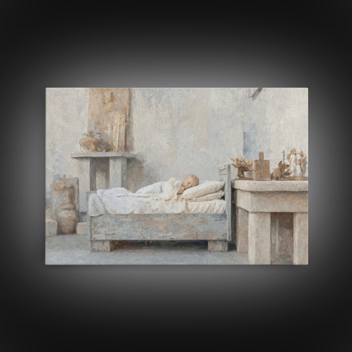 Silent Cradle Peace – Framed Canvas Print – Christian Art Painting – Christmas Art Work – Christian Wall Art – Jesus Art Print – Vintage Ch