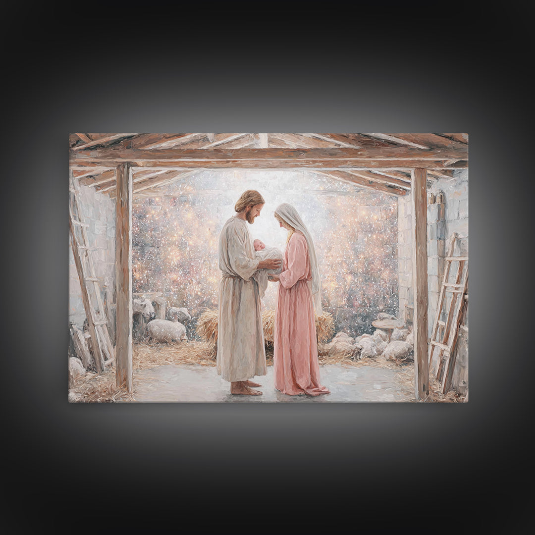 Holy Nativity Light | Framed Canvas Print | Christian Art Canvas | Christmas Art | Christian Wall Art | Jesus Christmas Art | Christian Gif