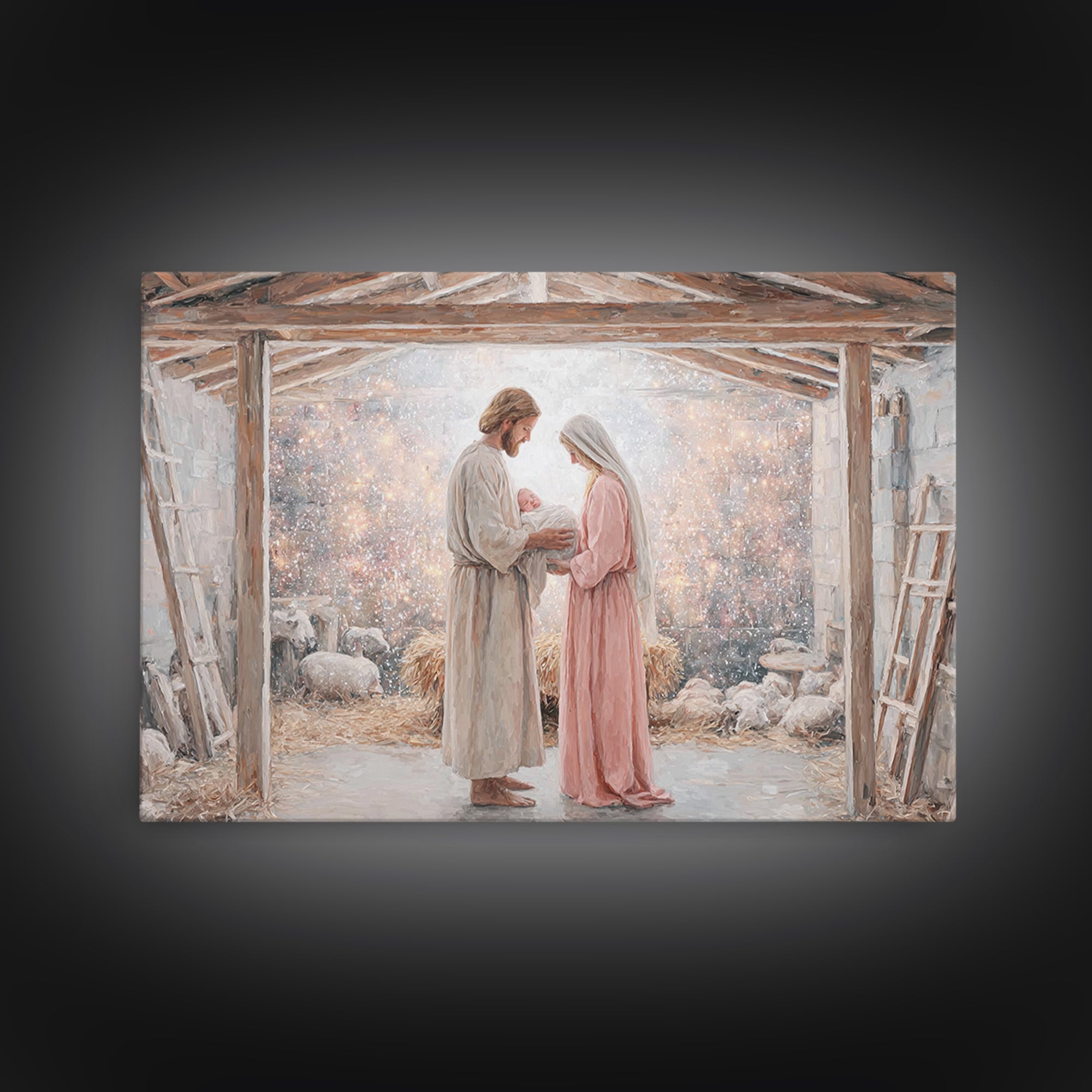 Holy Nativity Light | Framed Canvas Print | Christian Art Canvas | Christmas Art | Christian Wall Art | Jesus Christmas Art | Christian Gif