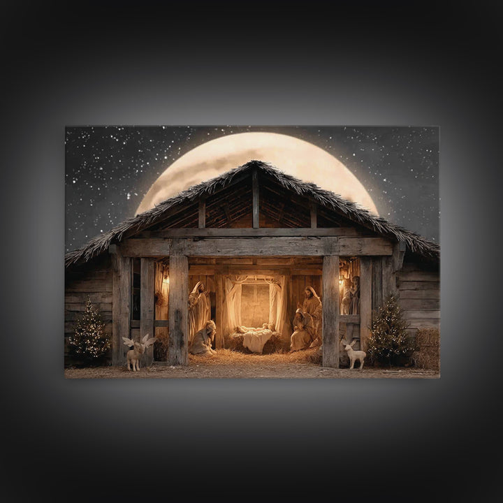 Moonlit Nativity, Framed Canvas Print, Christmas Art, Christian Wall Art, Christian Christmas Decor, Christian Art Canvas, Christmas Art Pr