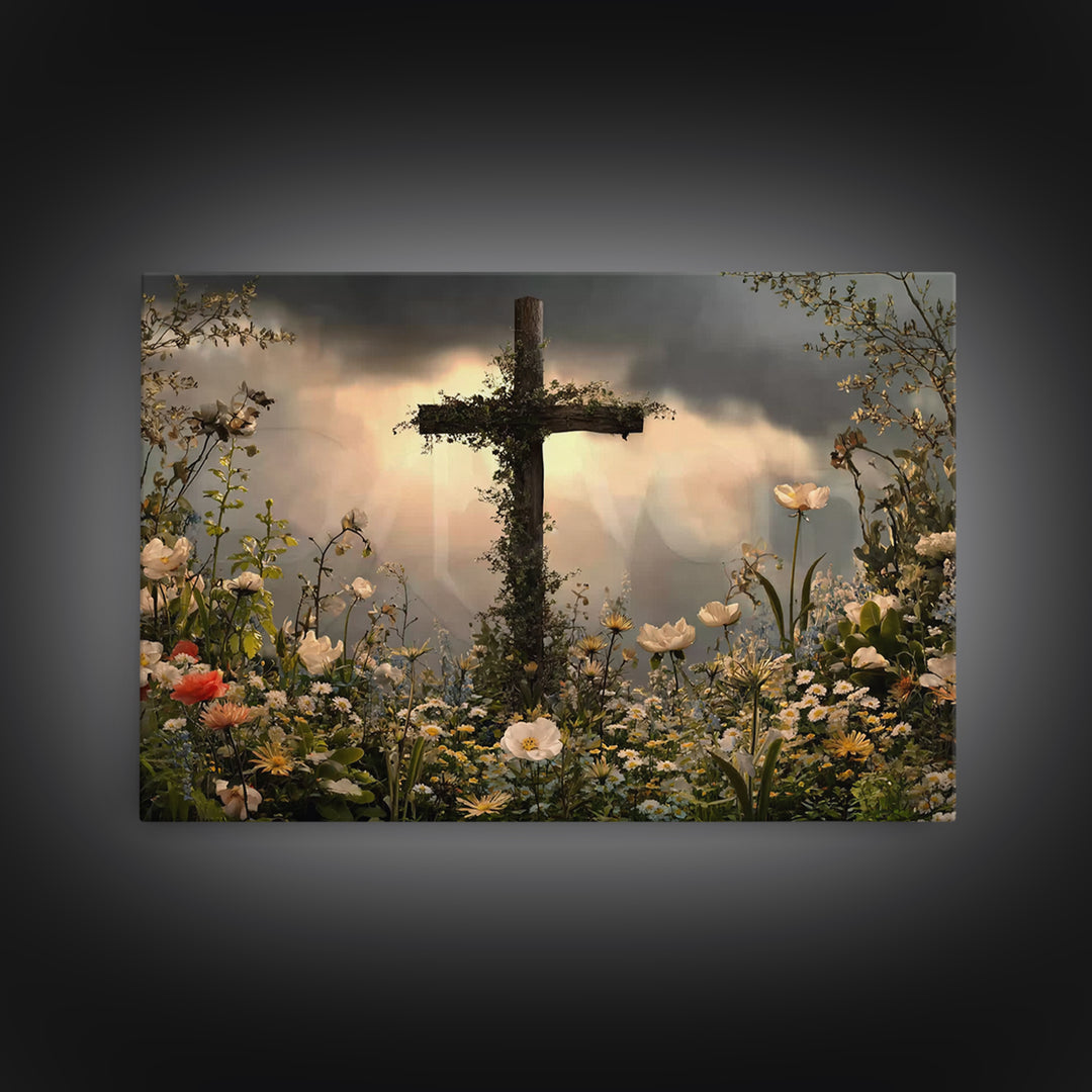 Cross Of Renewal – Framed Canvas Print – Christian Wall Art – Christian Art Canvas – Christian Paintings – Floral Christian Art – Christian