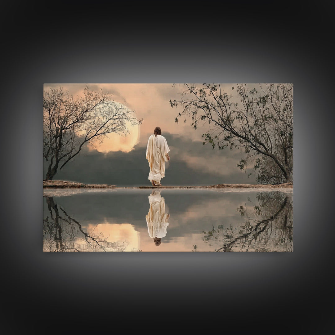 Moonlit Savior Walk, Framed Canvas Print, Christian Wall Art, Jesus Painting, Christian Art Print, Moody Christmas Art, Christian Decor