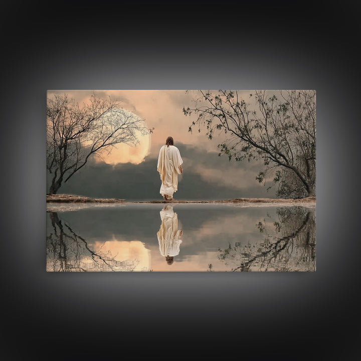 Moonlit Savior Walk, Framed Canvas Print, Christian Wall Art, Jesus Painting, Christian Art Print, Moody Christmas Art, Christian Decor