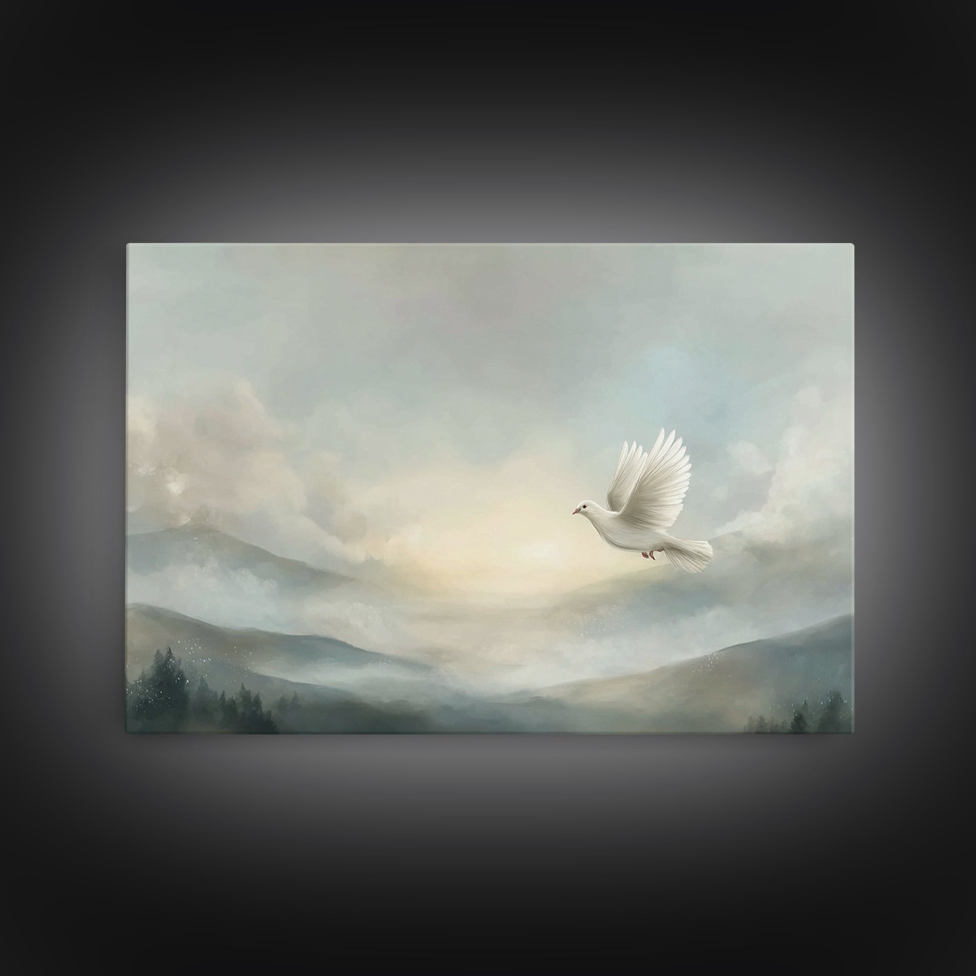 Heavenly Dove Light, Framed Canvas Print, Christian Wall Art, Christian Art Canvas, Christmas Art Prints, Christian Gift, Subtle Christian