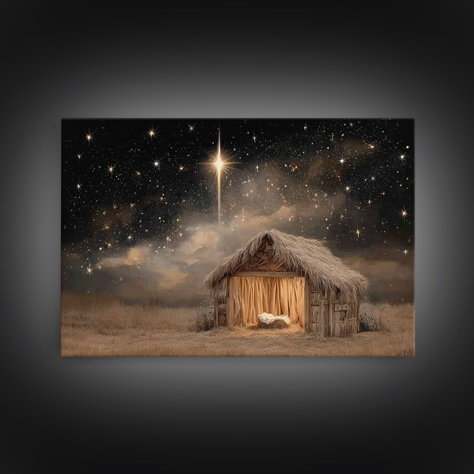 Mountain Chapel Night, Framed Canvas Print, Christian Art Canvas, Christian Wall Art, Christmas Art Framed, Modern Christian Art