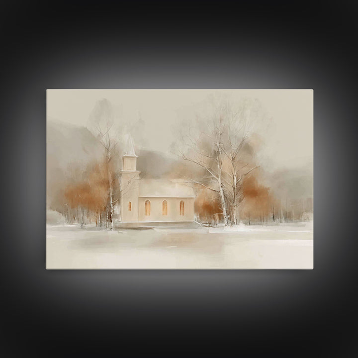 Winter Chapel Light, Framed Canvas Print, Christmas Art Prints, Christian Wall Art, Christian Christmas Decor, Modern Christmas Art, Framed