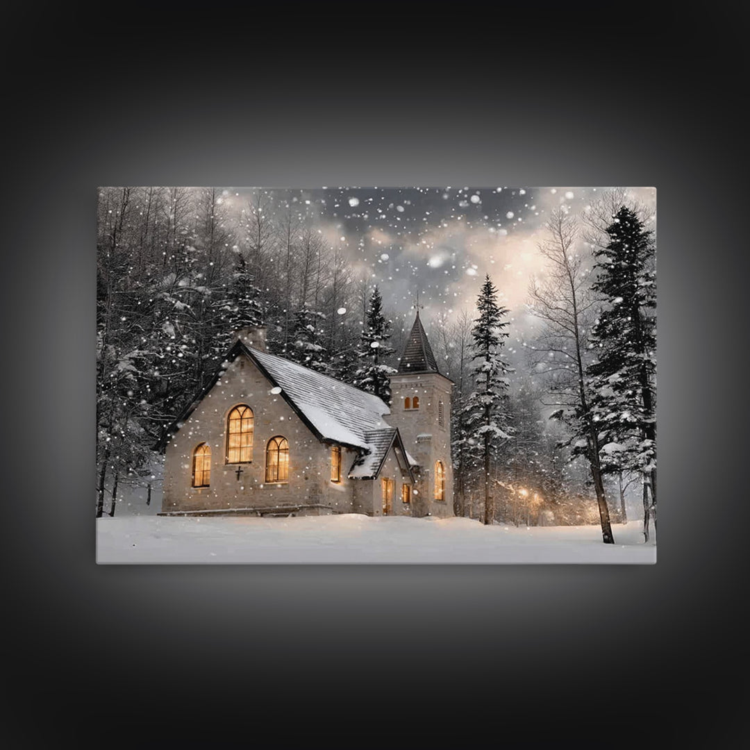 Frosted Sanctuary – Framed Canvas Print – Christian Wall Art – Christmas Canvas Wall Art – Christian Christmas Art – Moody Christmas Art –