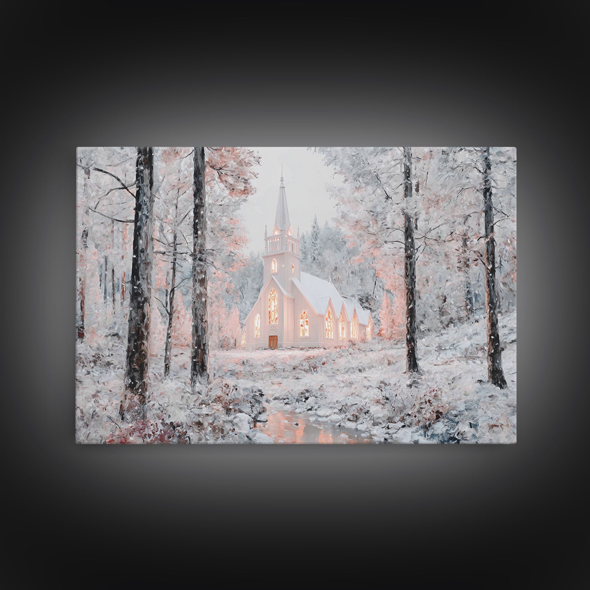 Winter Chapel Glow – Framed Canvas Print – Christian Wall Art – Christmas Art Prints – Christian Christmas Decor – Modern Christmas Art – C