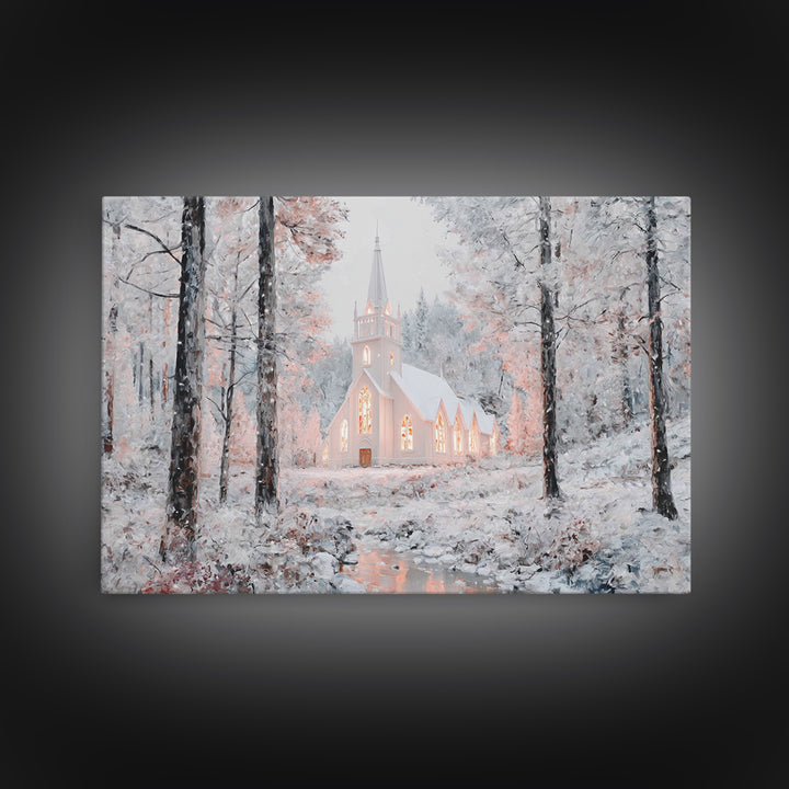 Winter Chapel Glow – Framed Canvas Print – Christian Wall Art – Christmas Art Prints – Christian Christmas Decor – Modern Christmas Art – C