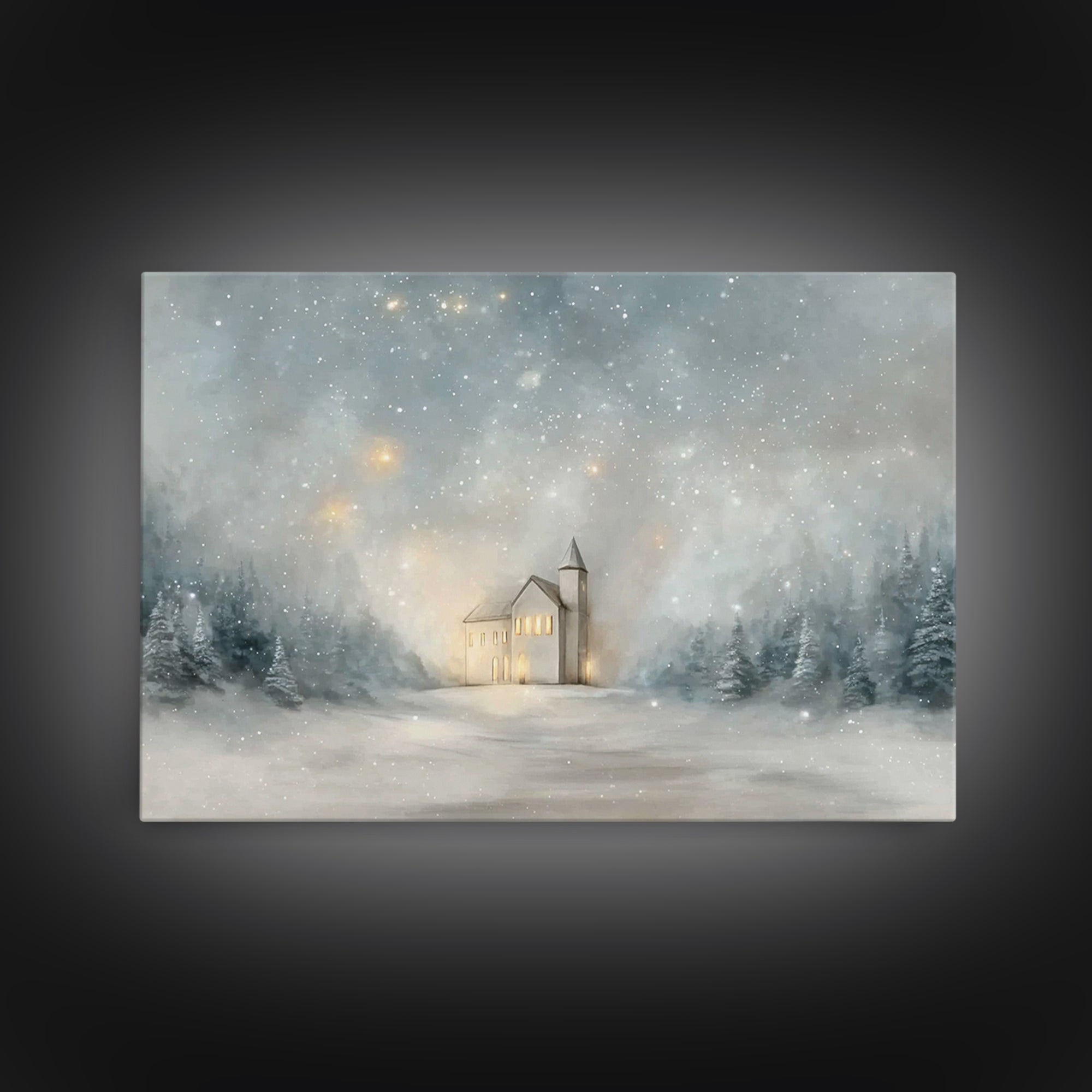 Starry Night Sanctuary, Framed Canvas Print, Christian Wall Art, Christmas Canvas Wall Art, Moody Christmas Art, Christian Christmas Decora