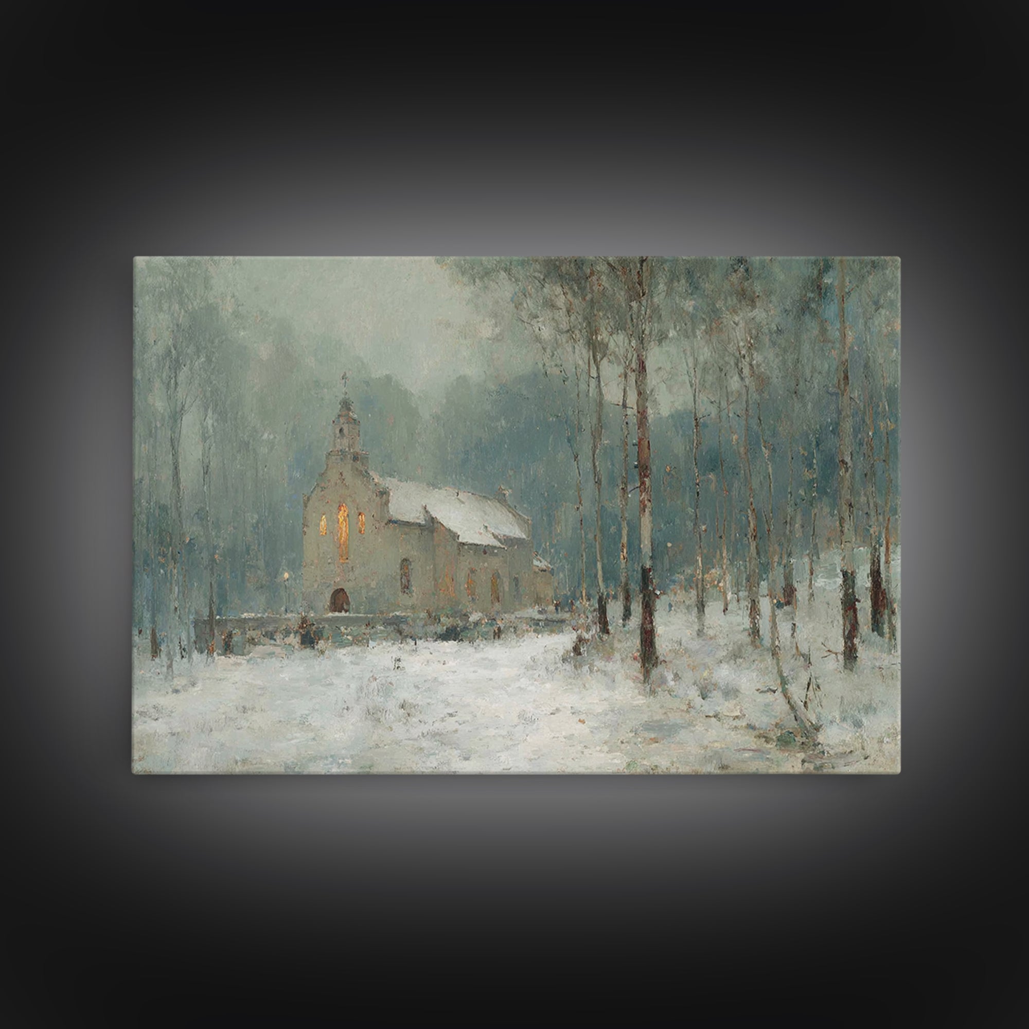 Frosted Church Peace – Framed Canvas Print – Christian Wall Art – Vintage Christian Art – Christmas Art Framed – Christian Christmas Art –