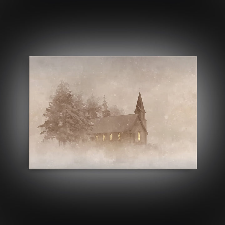 Misty Chapel Grace | Framed Canvas Print | Christian Wall Art | Christian Art Painting | Christmas Art Prints | Christian Decoration | Mode