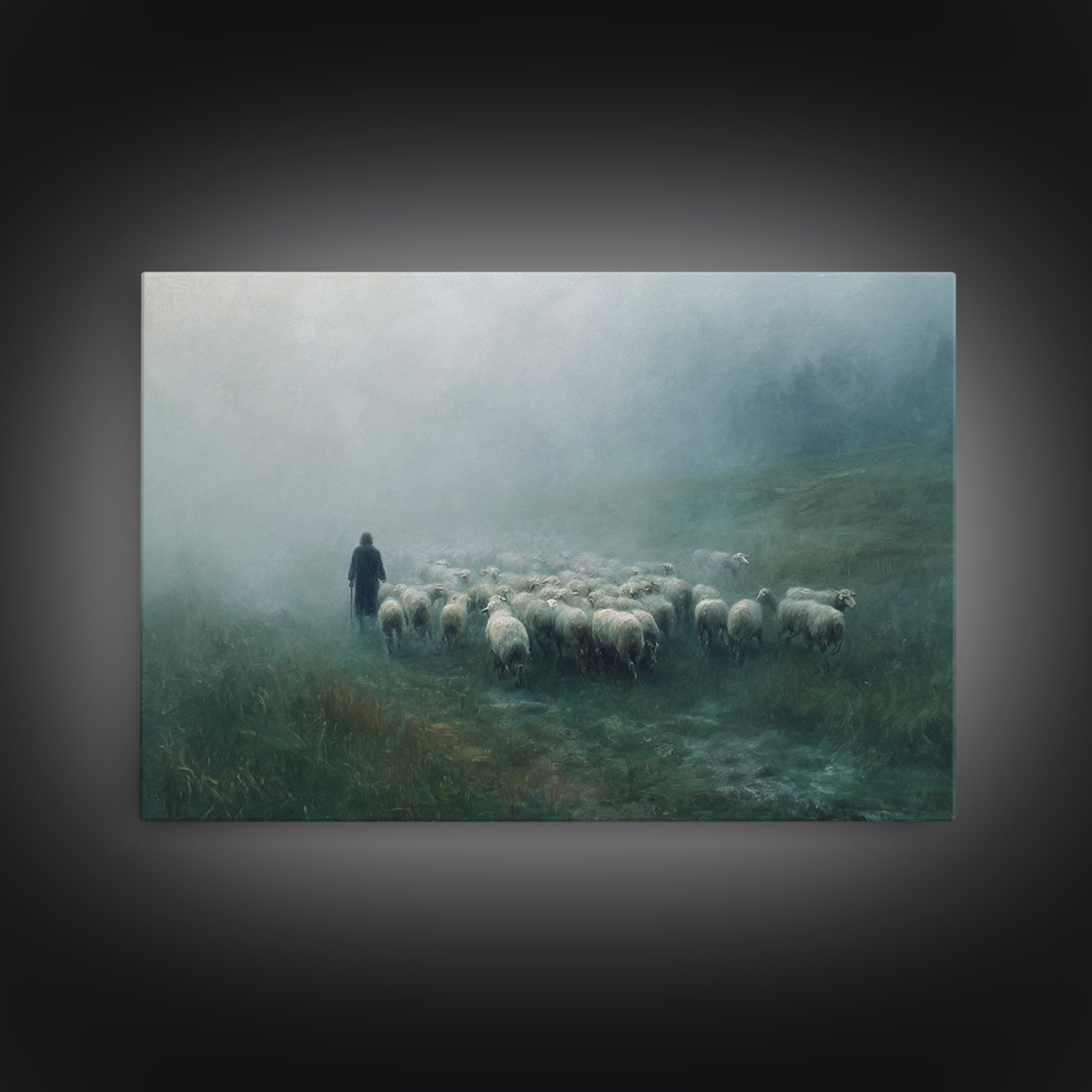 Misty Pasture Dawn, Framed Canvas Print, Christian Wall Art, Moody Christian Art, Christian Christmas Art, Christian Art Canvas, Subtle Chr